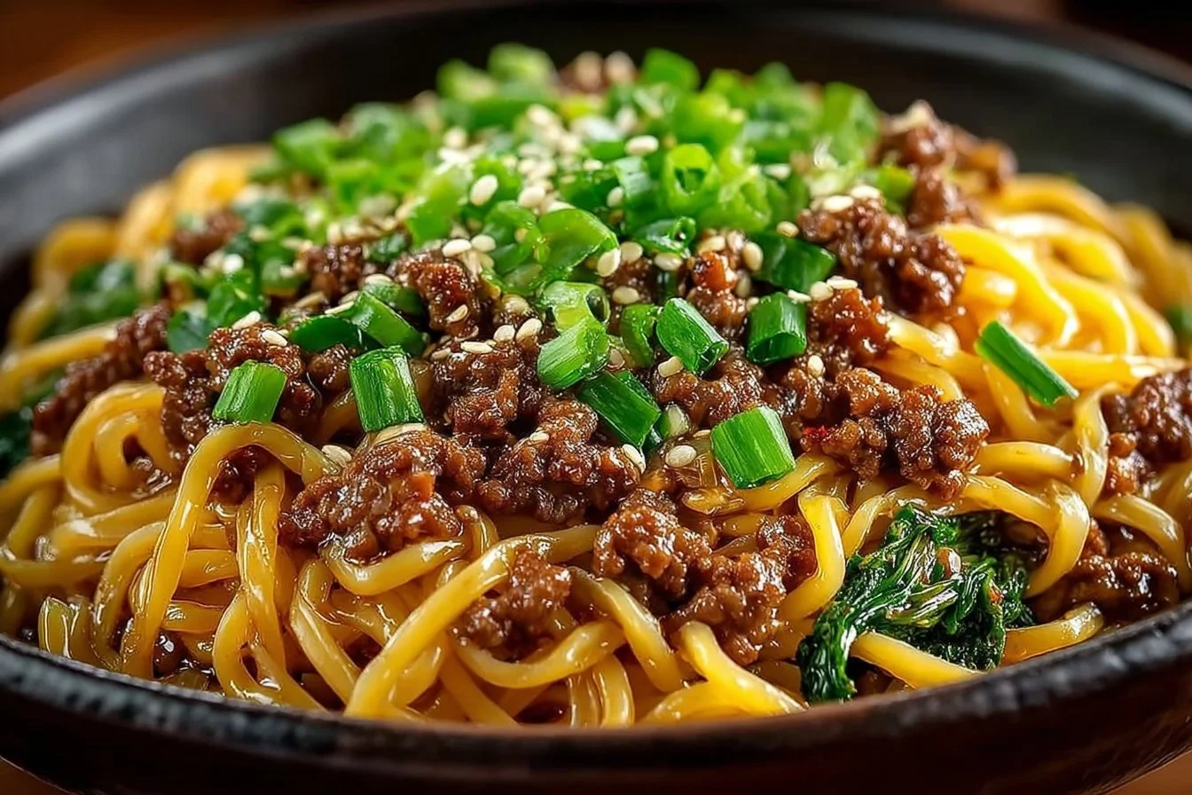 Delicious Mongolian ground beef noodles served in a bowl