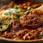Delicious No Bean Beef Chili in a bowl, garnished with herbs