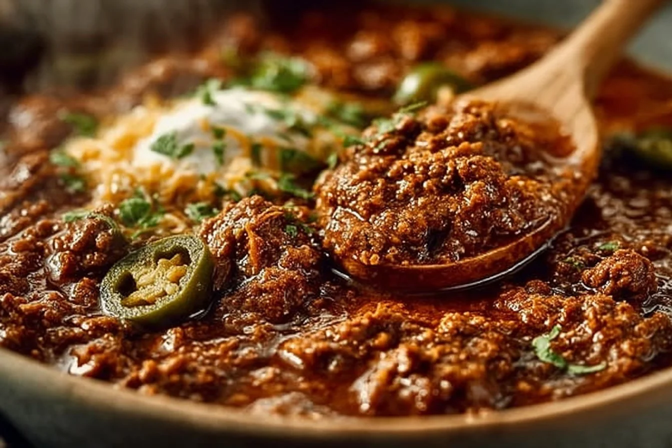 Delicious No Bean Beef Chili in a bowl, garnished with herbs