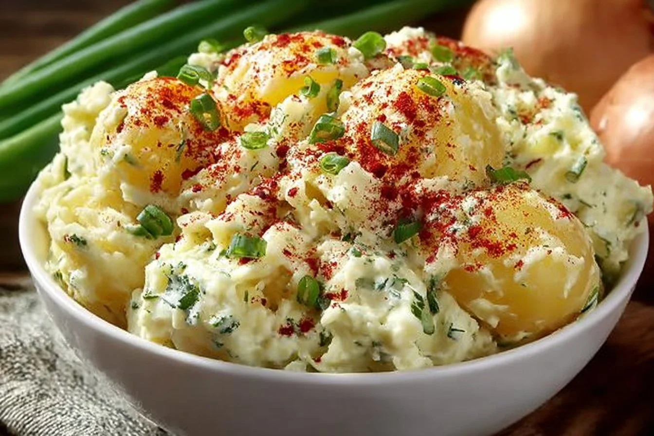 Bowl of Old-Fashioned Potato Salad with fresh herbs and eggs.