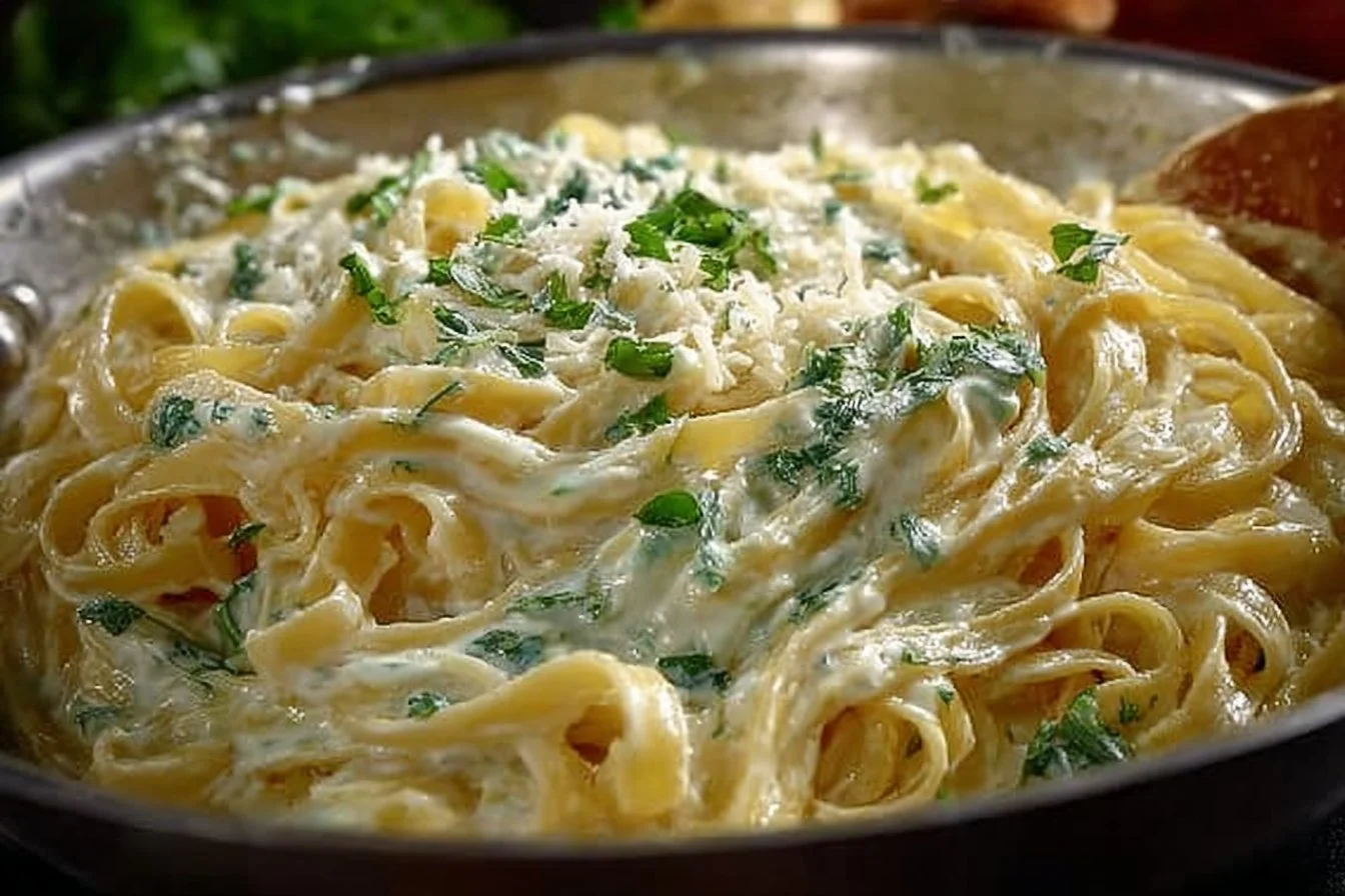 A bowl of creamy Olive Garden Alfredo Sauce served with pasta.