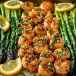 One pan roasted lemon garlic butter shrimp served with lemon wedges.