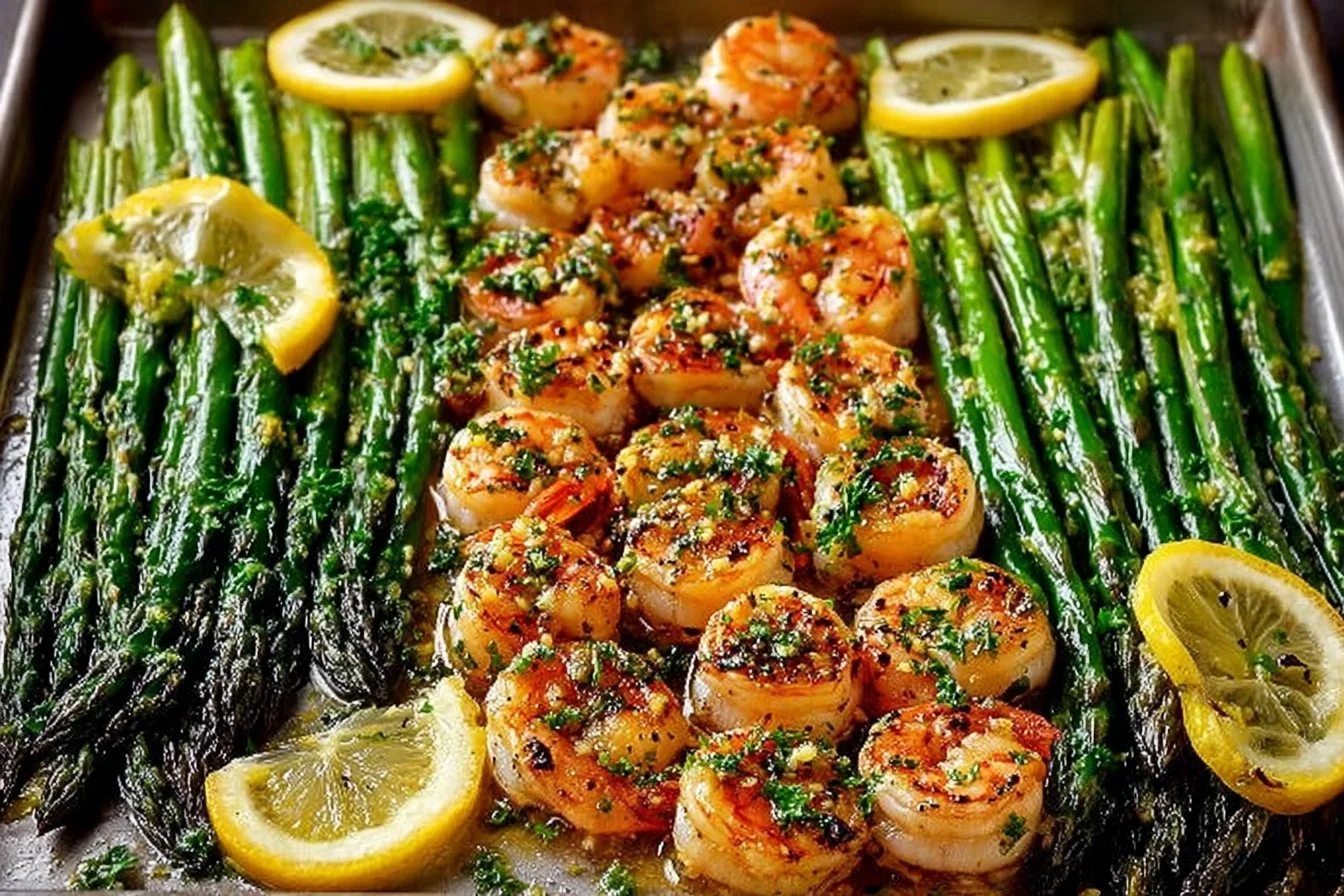 One pan roasted lemon garlic butter shrimp served with lemon wedges.