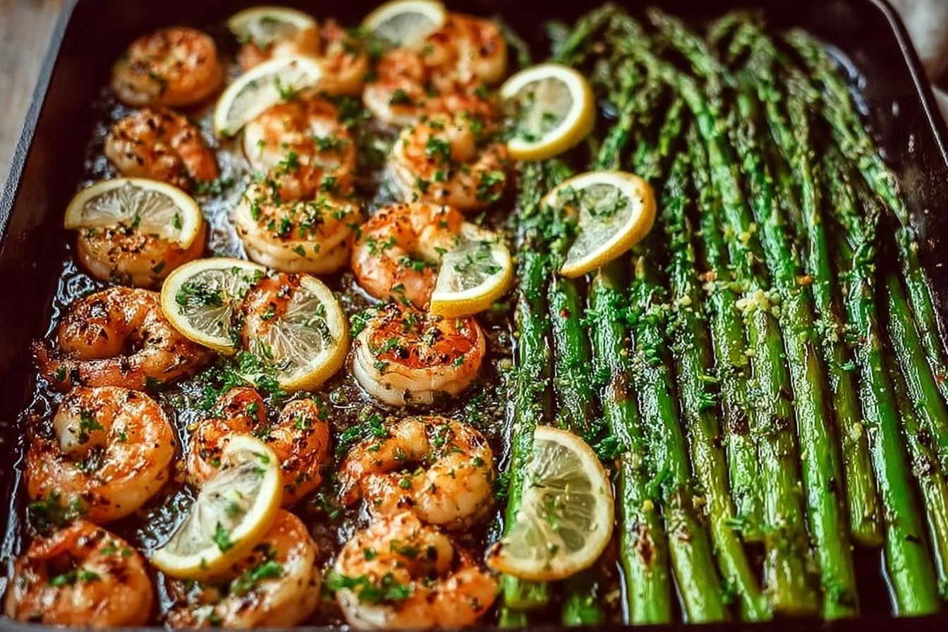 One Pan Roasted Lemon Garlic Butter Shrimp and Asparagus