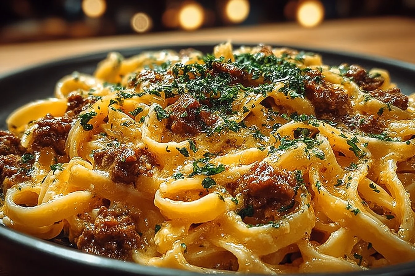 One-Pot Creamy Beef and Garlic Butter Pasta served in a bowl