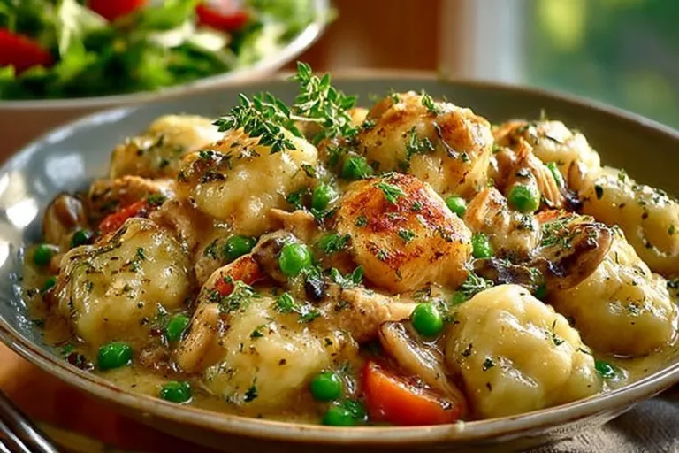 One Pot Gnocchi Chicken Pot Pie served in a rustic bowl with fresh herbs