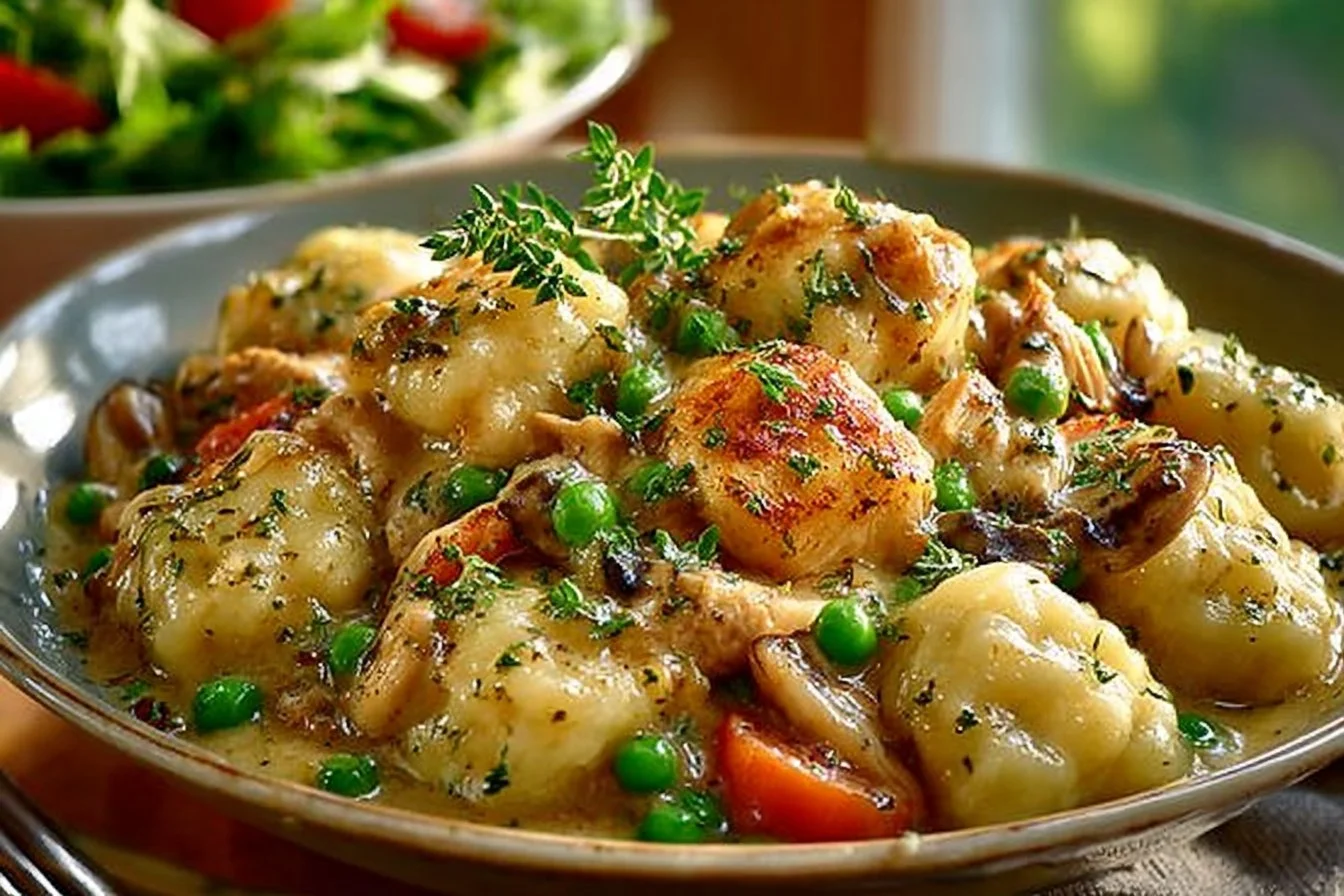 One Pot Gnocchi Chicken Pot Pie served in a rustic bowl with fresh herbs