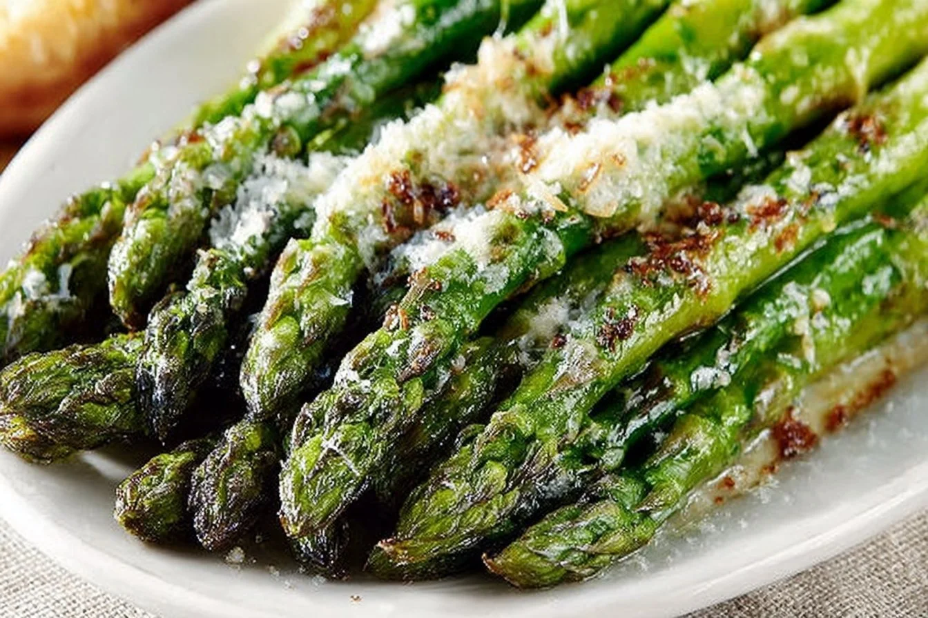 Plate of crispy oven-baked asparagus seasoned and ready to serve.