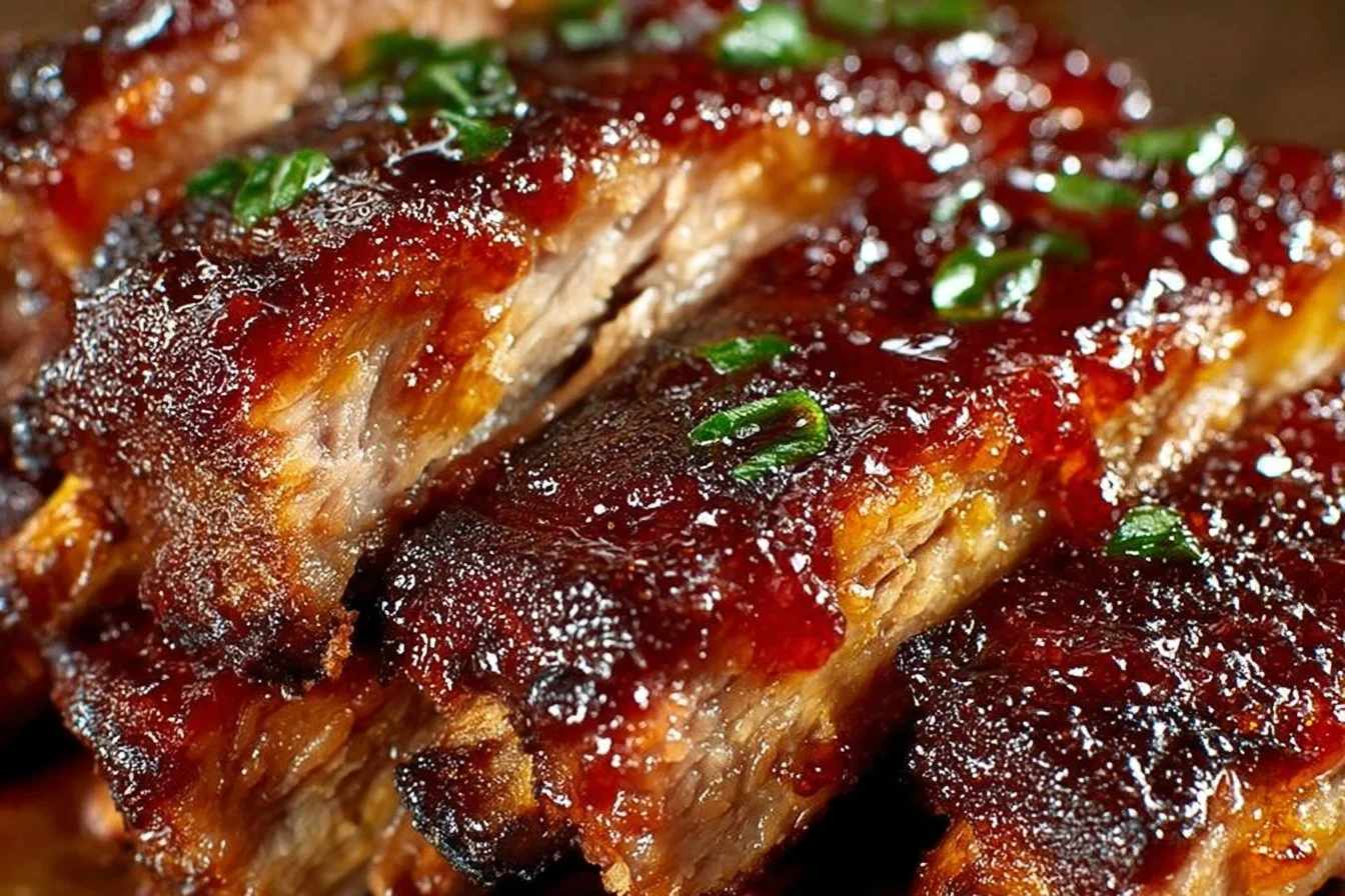 Delicious oven baked barbecue ribs served with a tangy sauce.