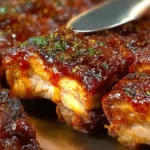 Delicious oven baked BBQ ribs on a platter garnished with herbs