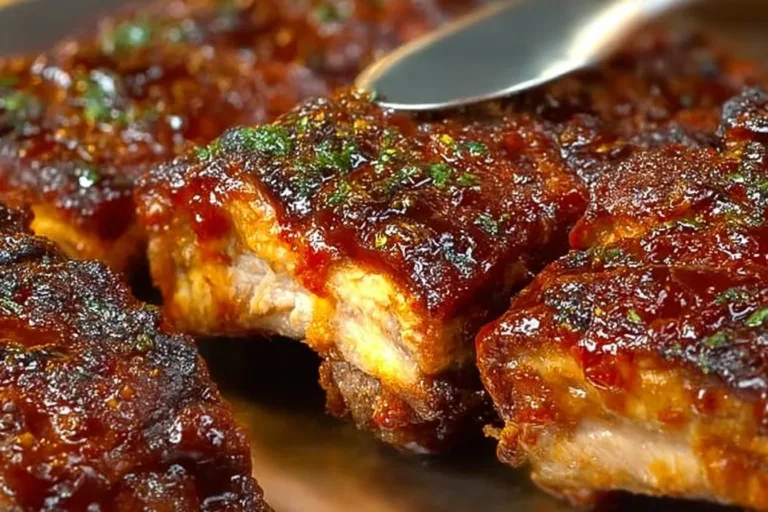 Delicious oven baked BBQ ribs on a platter garnished with herbs