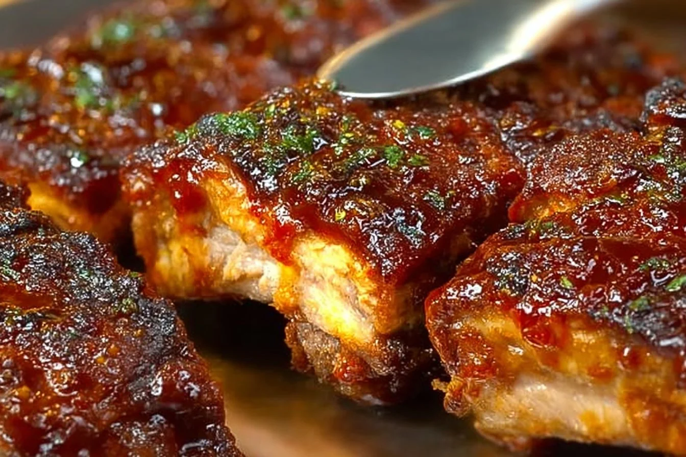 Delicious oven baked BBQ ribs on a platter garnished with herbs