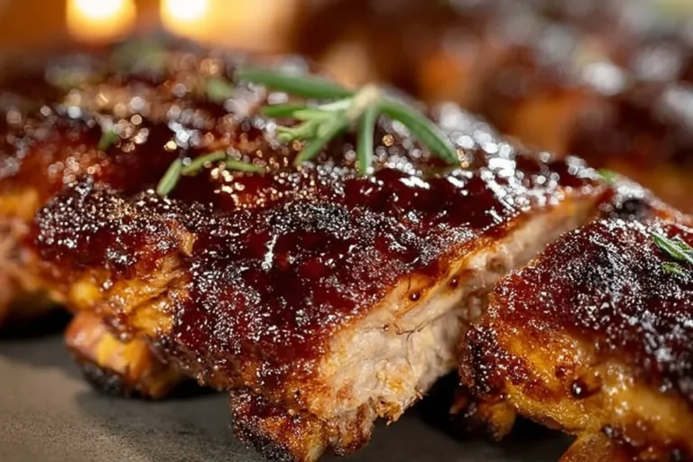 Delicious oven baked ribs served with barbecue sauce and garnished with parsley.