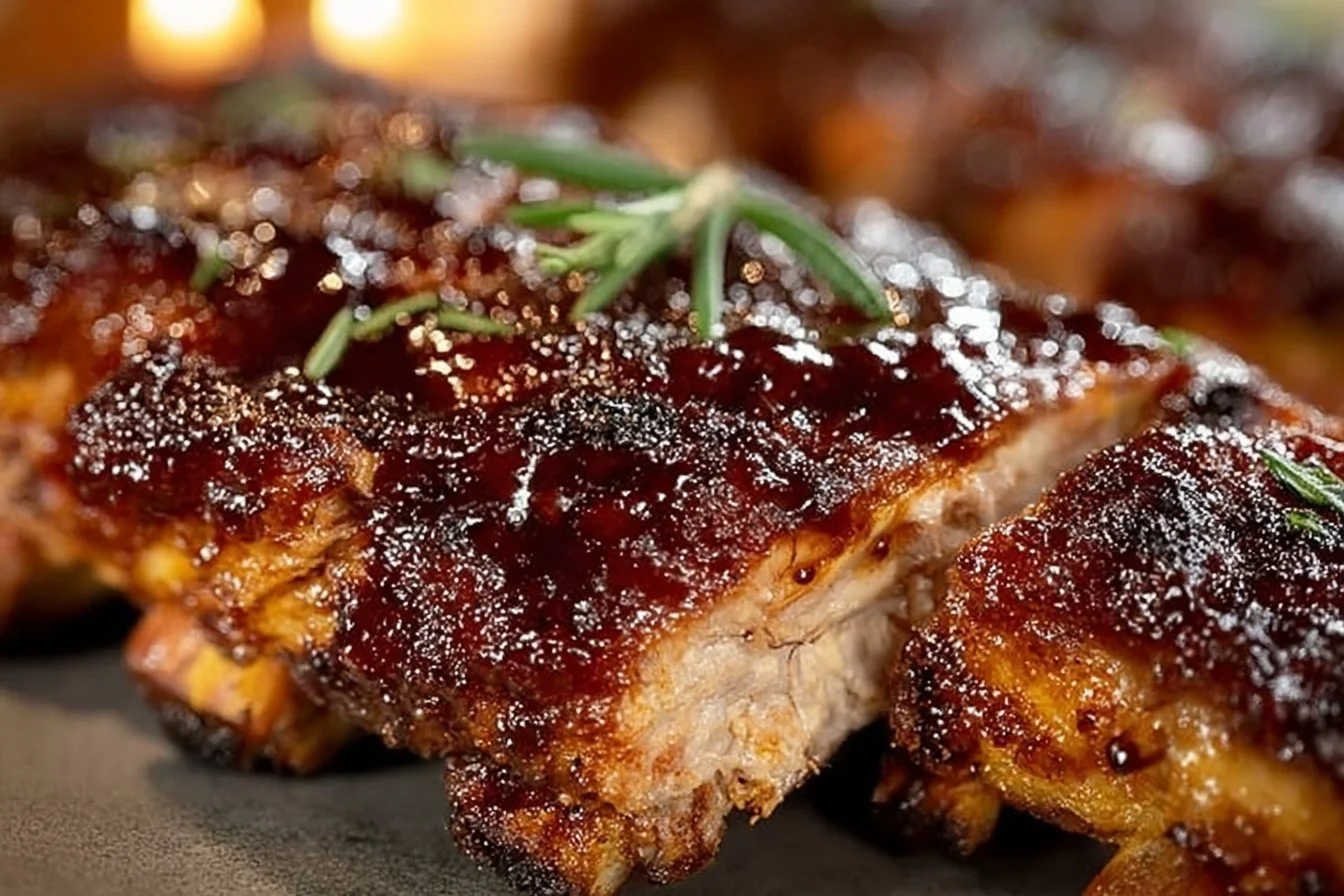 Delicious oven baked ribs served with barbecue sauce and garnished with parsley.