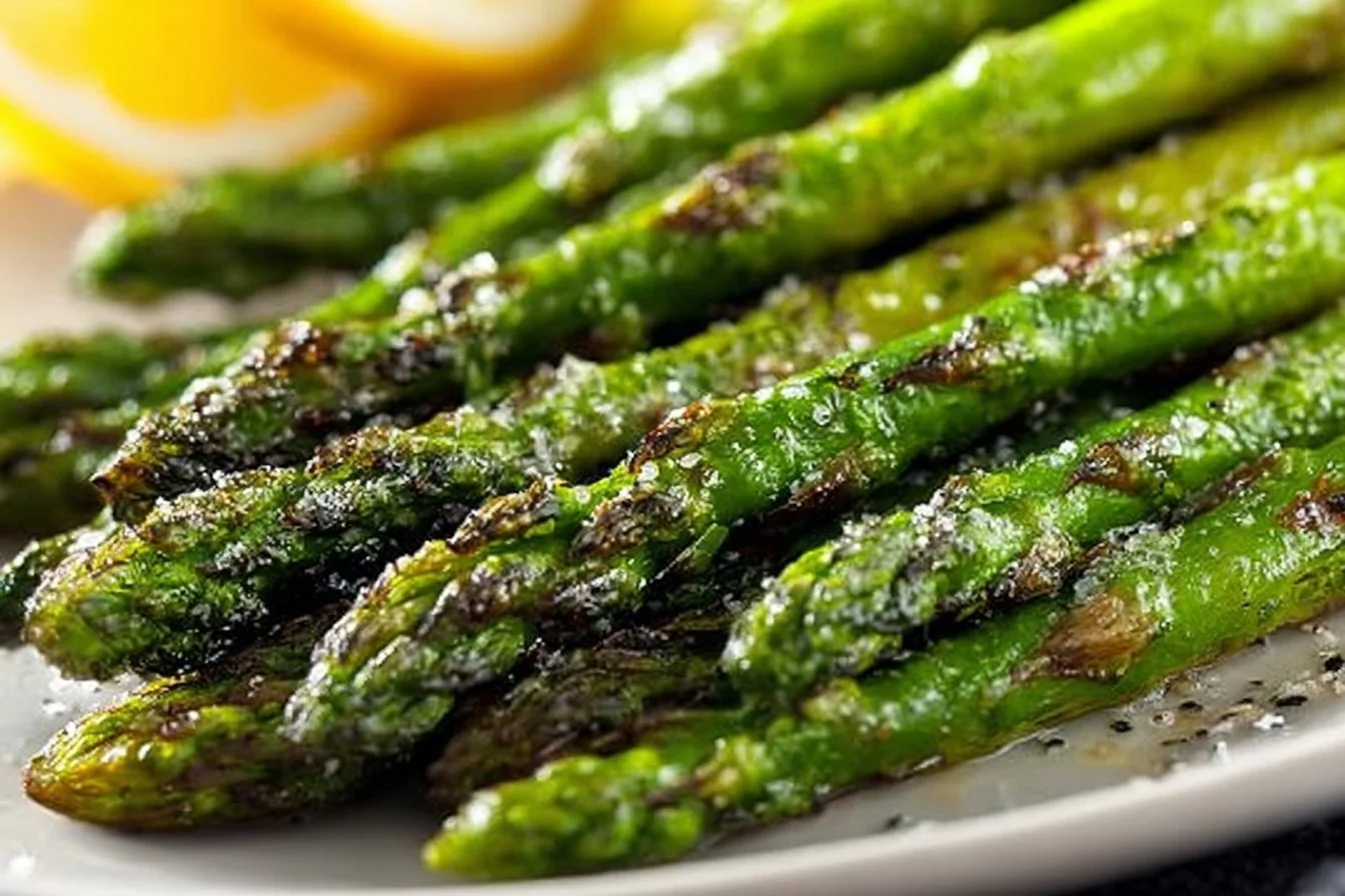 Oven roasted baked asparagus, a healthy and flavorful side dish.