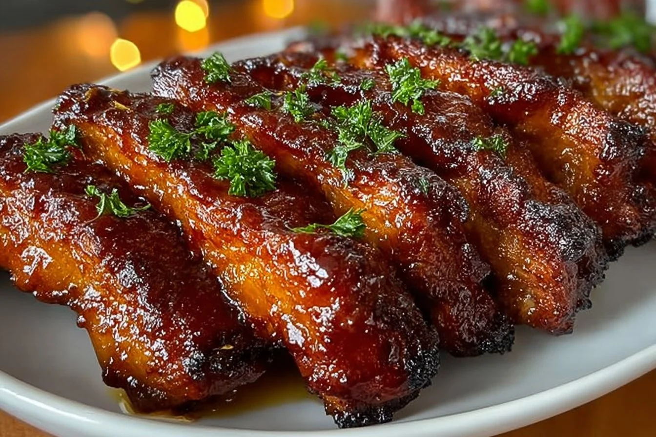 Oven-roasted country-style pork ribs served with barbecue sauce and herbs