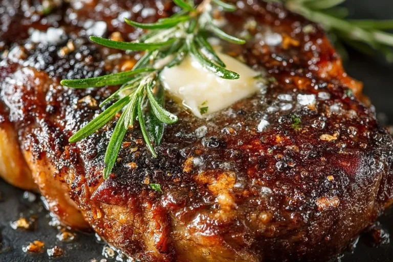 Perfectly cooked pan-seared steak with a golden crust and served on a plate.
