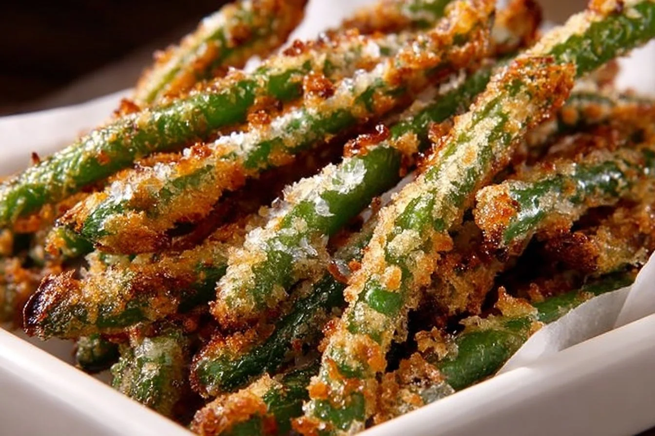 Golden crispy Parmesan Asparagus Fries served with a dipping sauce.