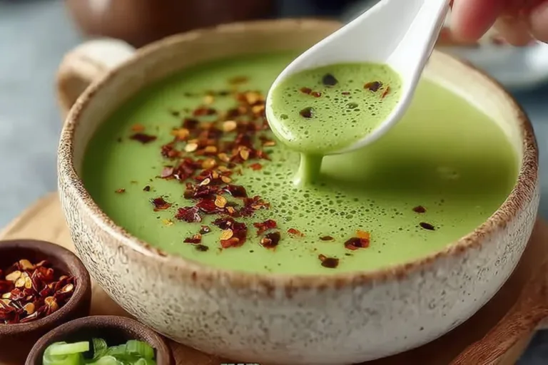 A bowl of fresh pea mint soup garnished with mint leaves.