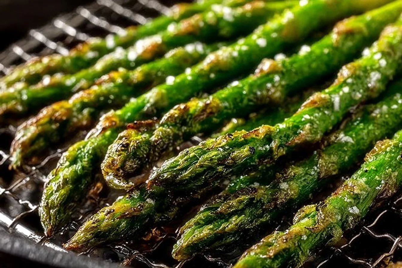 Perfectly cooked air fryer asparagus served on a plate