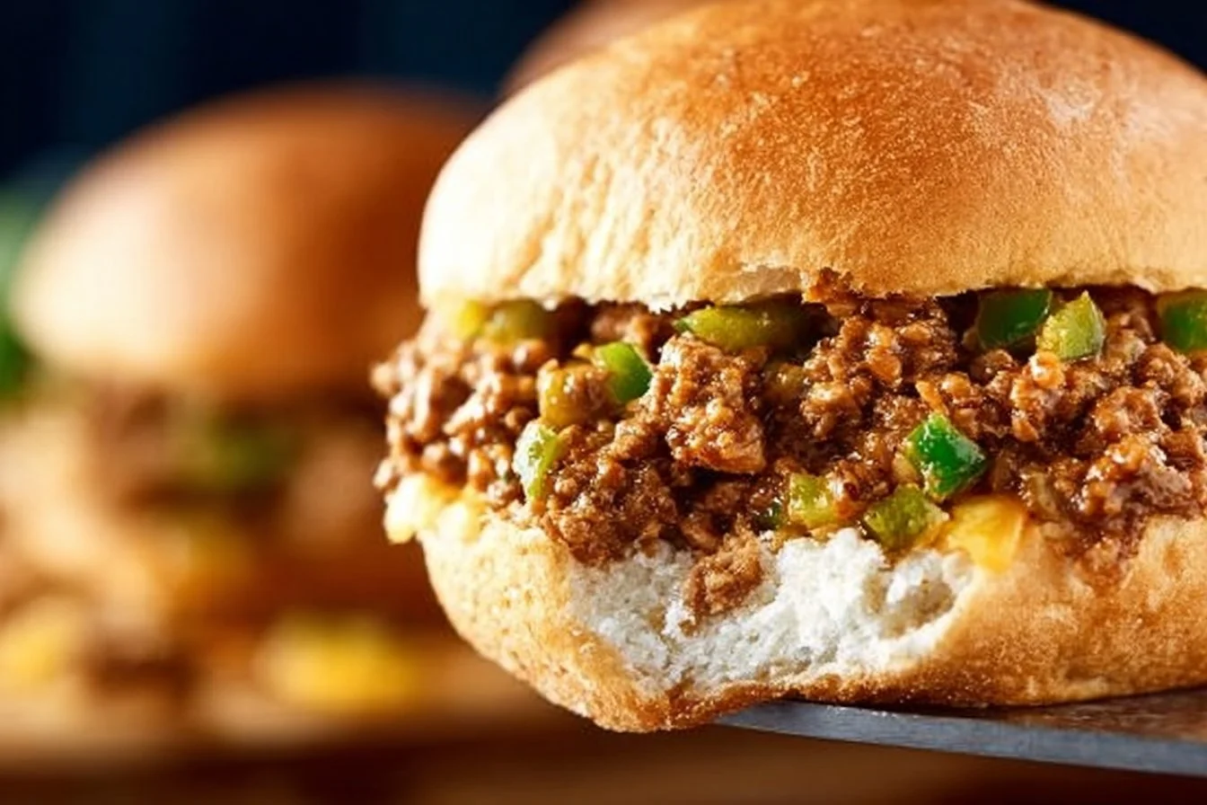Philly cheesesteak sloppy joes served on a plate with toppings