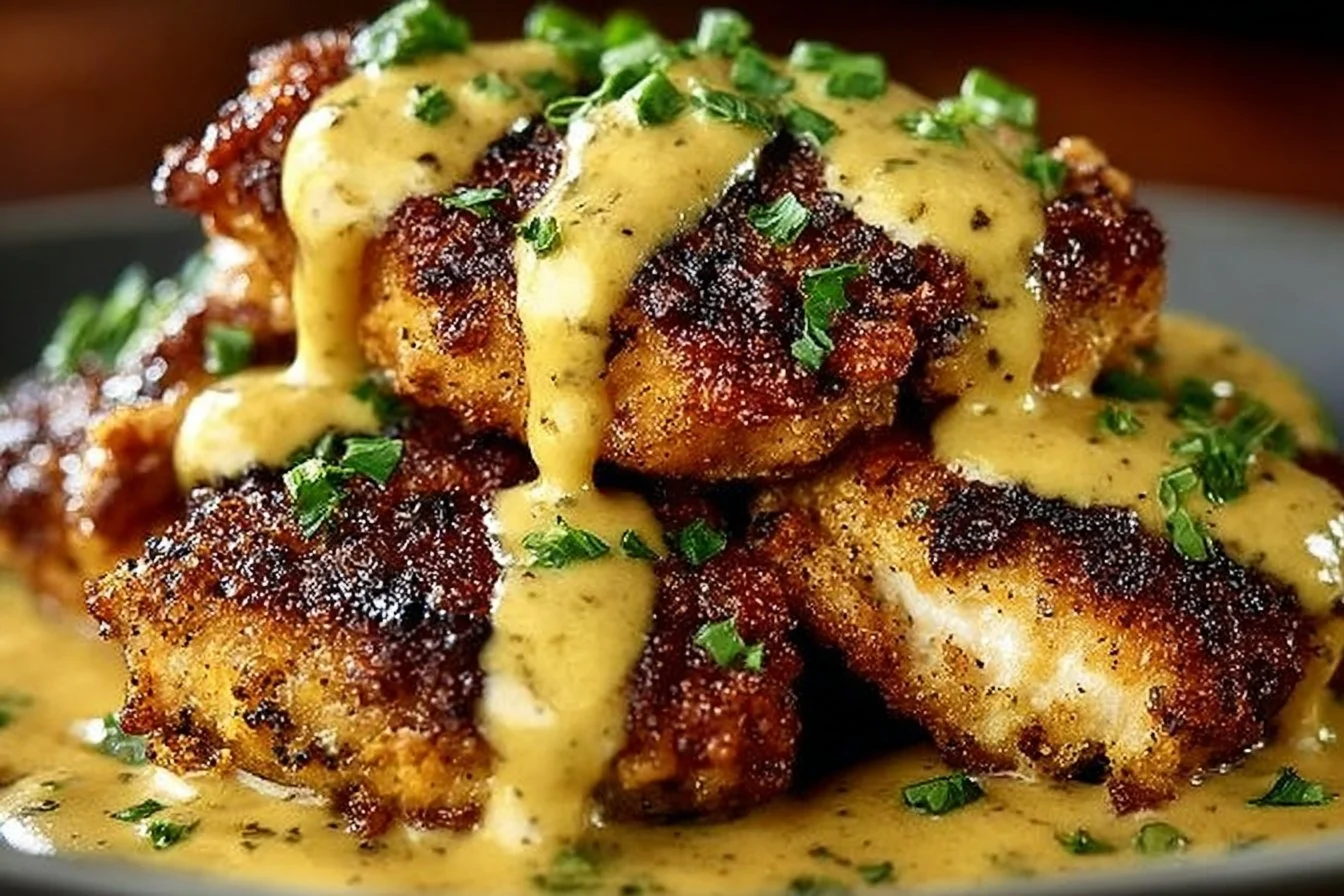 Crispy Pretzel Chicken served with dipping sauce.