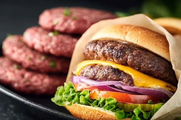Close-up of a classic Purist's Burger showcasing fresh ingredients and grill marks.