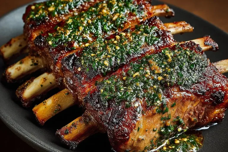 Tender and succulent rack of lamb served with herbs and spices.