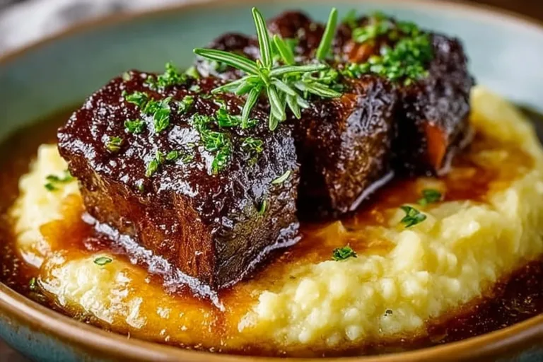 Delicious red wine braised short ribs garnished with fresh herbs