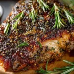 Deliciously roasted leg of lamb garnished with herbs and served on a platter