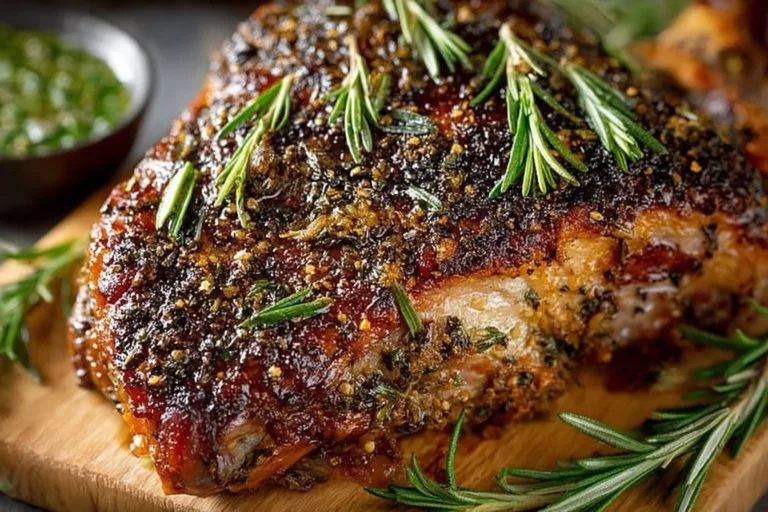 Deliciously roasted leg of lamb garnished with herbs and served on a platter