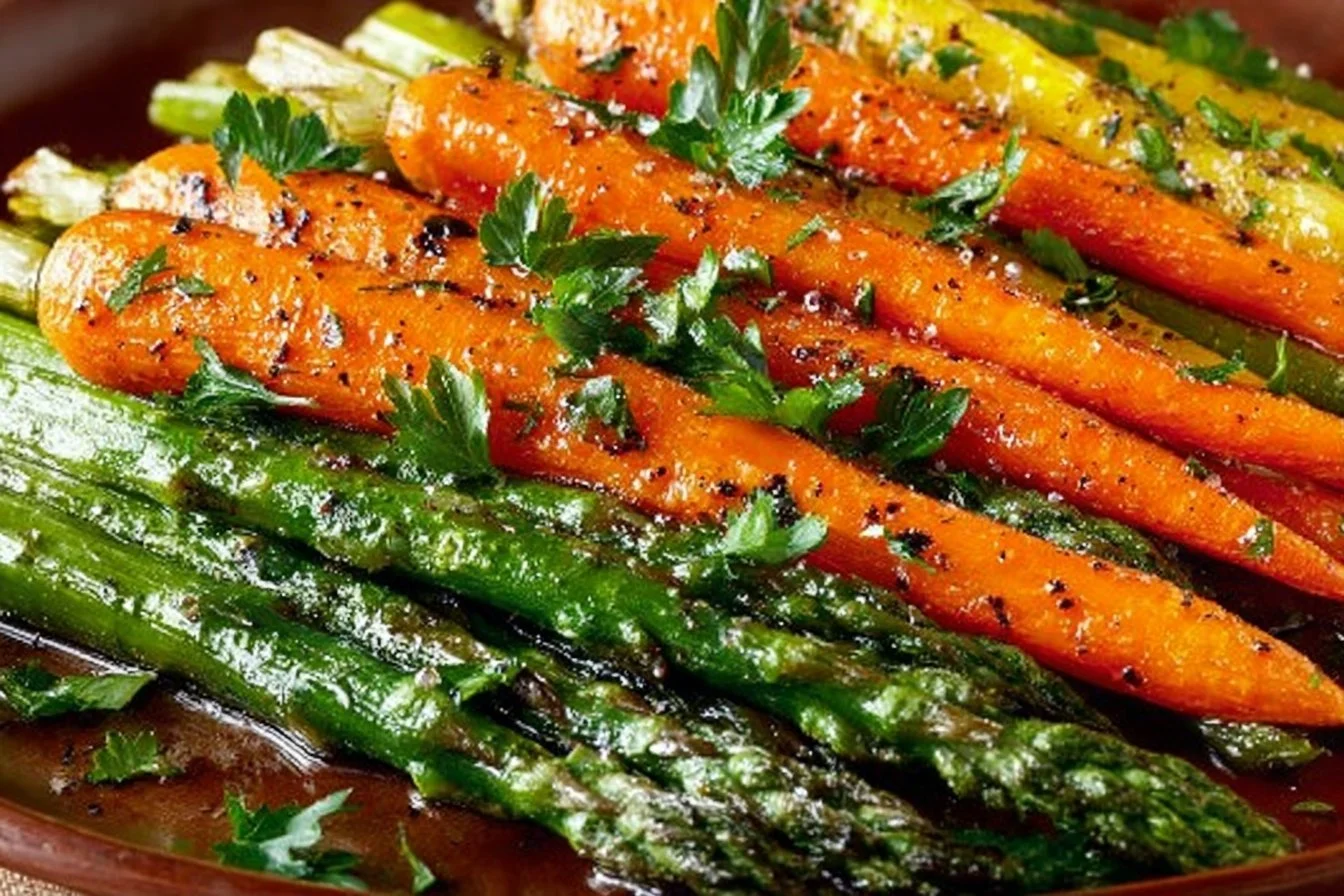 Plate of roasted asparagus and carrots served as a healthy side dish