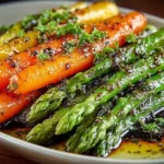 Plate of roasted asparagus and carrots garnished with herbs