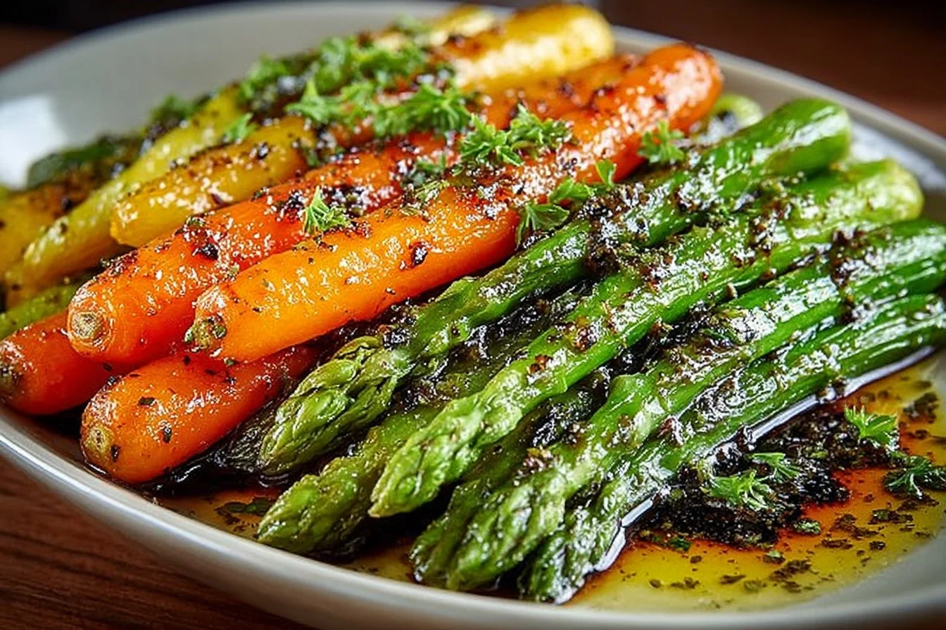 Plate of roasted asparagus and carrots garnished with herbs