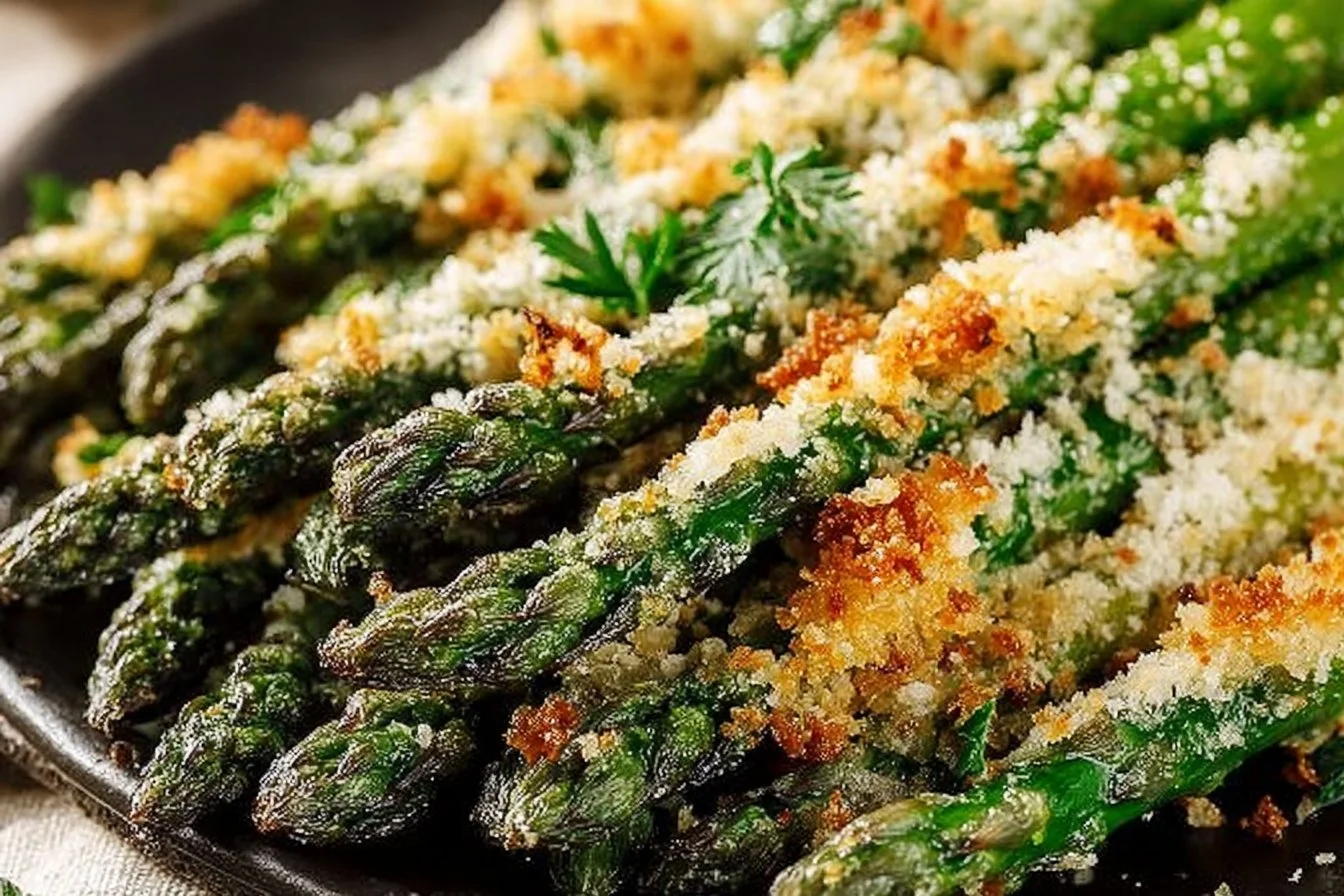 Roasted garlic parmesan asparagus on a plate garnished with herbs