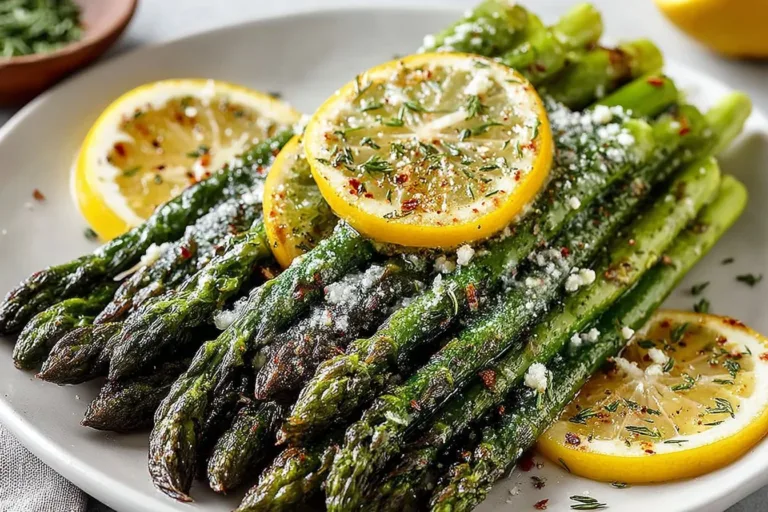 Roasted Parmesan asparagus served on a plate with herbs and spices