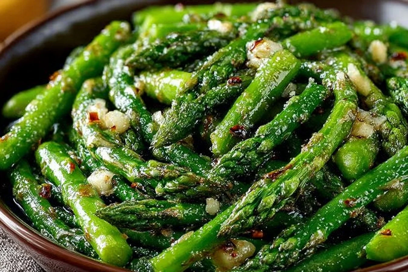 Plate of sautéed asparagus with garlic seasoning