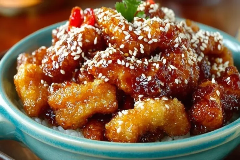 Delicious sesame chicken with crispy coating and sesame seeds