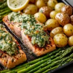 Sheet pan garlic butter salmon with roasted potatoes and asparagus dish