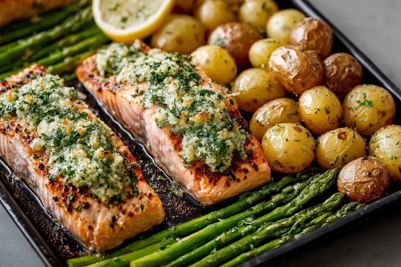 Sheet pan garlic butter salmon with roasted potatoes and asparagus dish