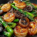 Shrimp stir-fry with asparagus and mushrooms on a plate
