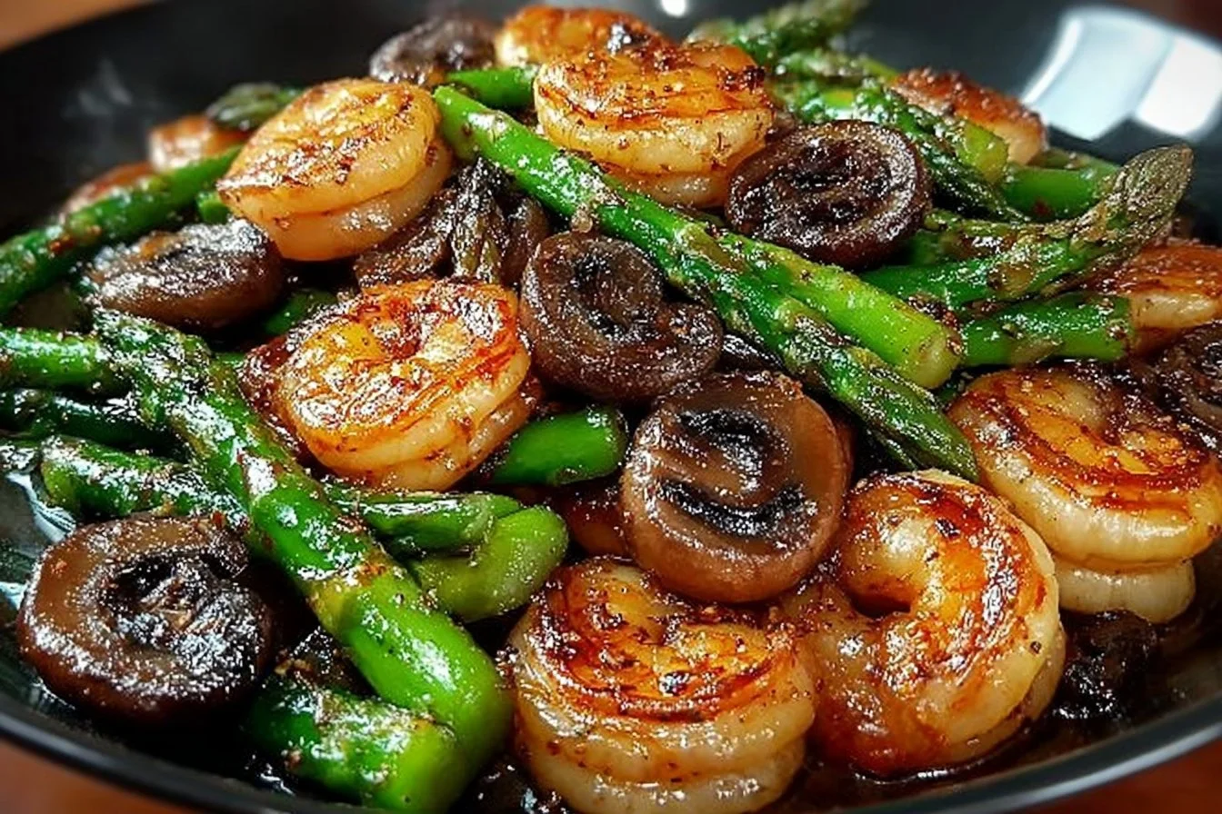Shrimp stir-fry with asparagus and mushrooms on a plate