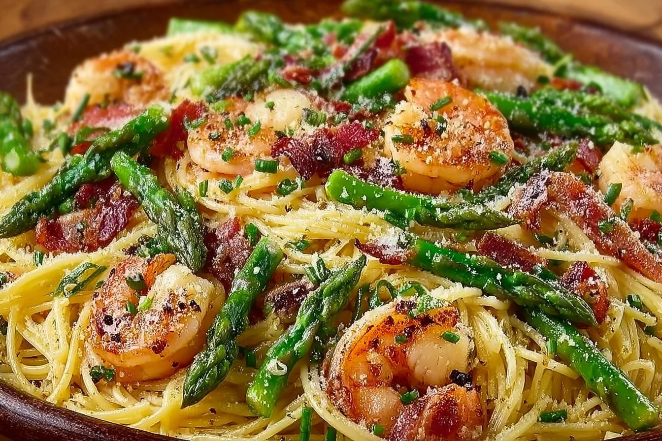 Delicious shrimp asparagus carbonara dish topped with parmesan cheese