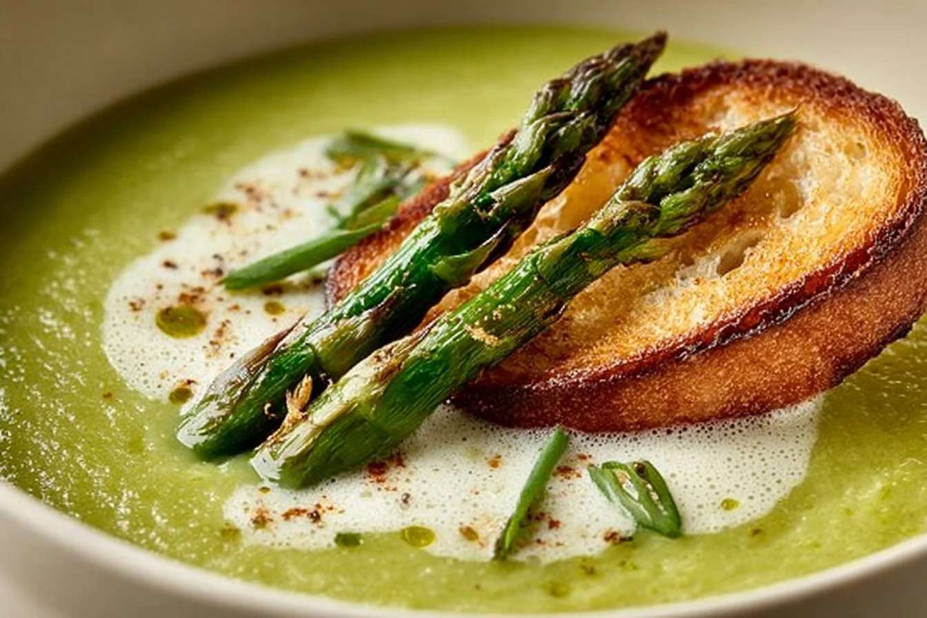 Bowl of silky asparagus soup garnished with fresh herbs