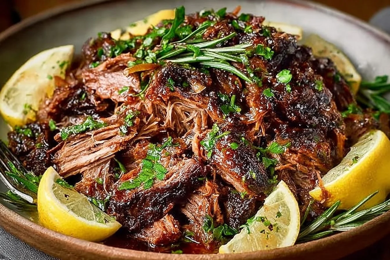 Slow-cooked pulled lamb served with vegetables and herbs