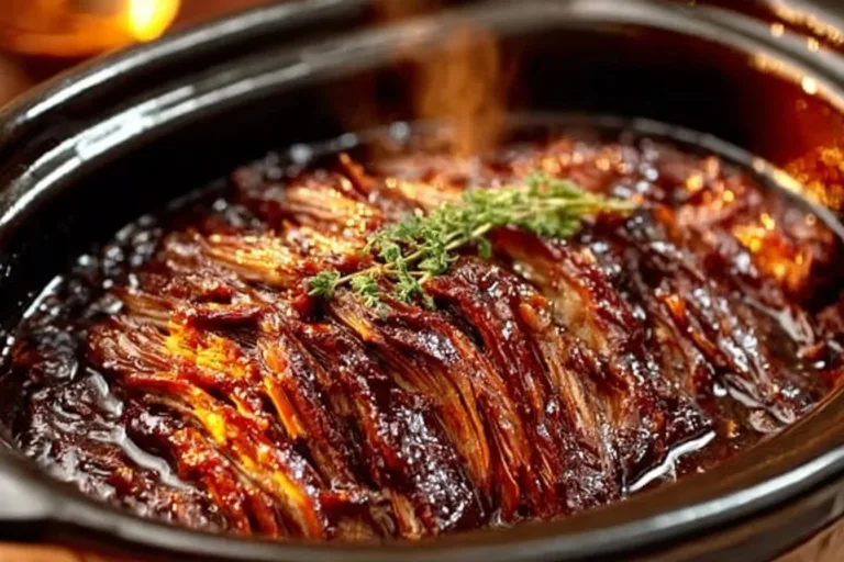 Tender slow-cooker beef brisket served on a plate with garnish.