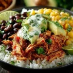 Slow Cooker Chicken Burrito Bowl with rice, beans, and fresh toppings