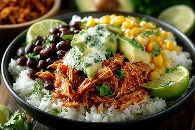 Slow Cooker Chicken Burrito Bowl with rice, beans, and fresh toppings