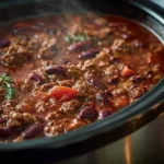 Delicious slow cooker chili simmering in a pot