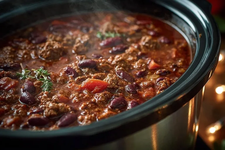 Delicious slow cooker chili simmering in a pot